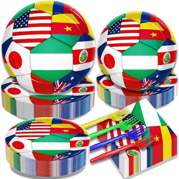 200 Piece World Cup Party Tableware Set, Service for 50, Disposable Paper Plates Napkins Forks for Soccer Sports Events