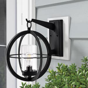 1-Light Black Outdoor Wall Lantern Sconce with Clear Glass Tube