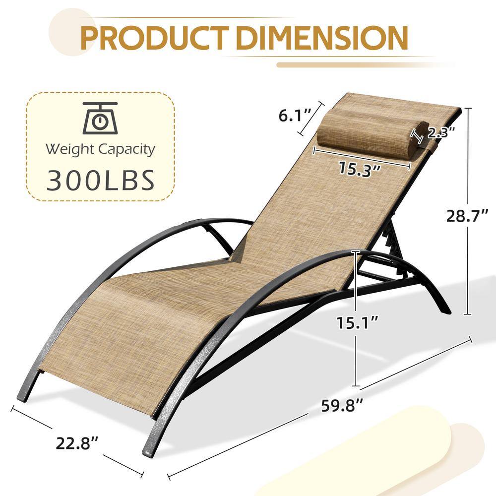 Set of 2 Adjustable Brown Textilene Fabric Chaise Lounges with Black Aluminum Frame