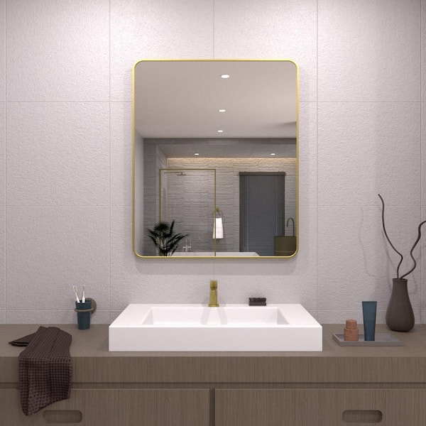 TaiMei 30 in. W x 36 in. H Rectangular Framed Wall Bathroom Vanity Mirror in Gold