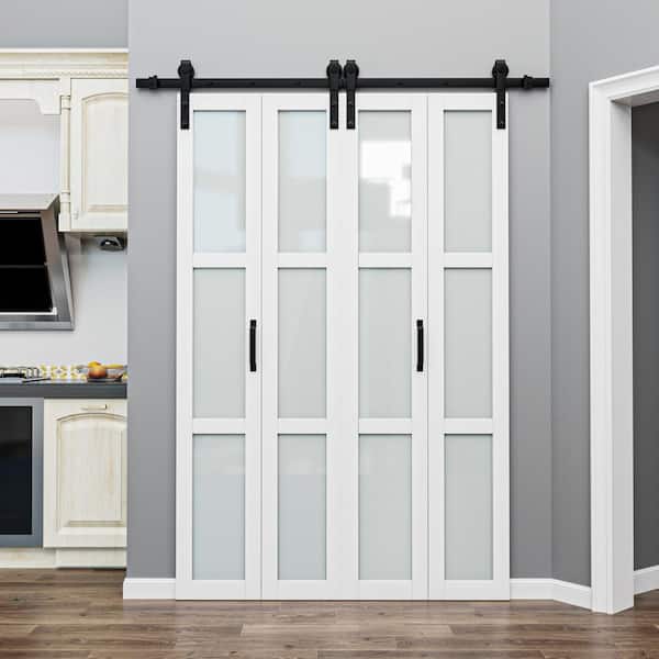 64 in. x 84 in. 3-Lite Tempered Frosted Glass White Primed Glass Bi-Fold Sliding Barn Door with Hardware Kit