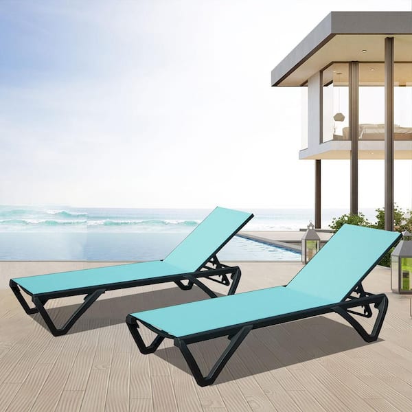 Unbranded Lake Blue 2-Piece Metal Outdoor Chaise Lounge, Aluminum Patio Lounge Chair All Weather Reclining Chair with Wheels
