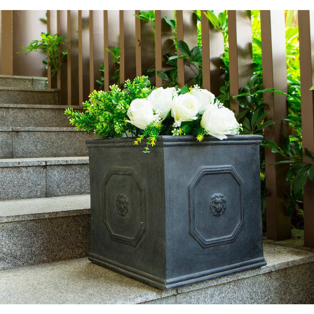 Antique Gray 14" Square Concrete Lion Head Planter