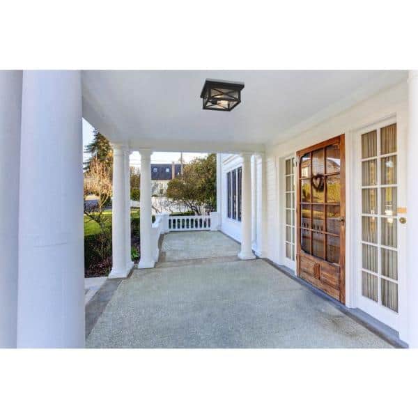 Matte Black Aluminum 2-Light Outdoor Flush Mount with Seedy Glass