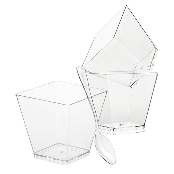 3.5 oz. Square Plastic Dessert Cups Irregular Shape PS Material with Spoons 50 Pack for Appetizer Pudding Party