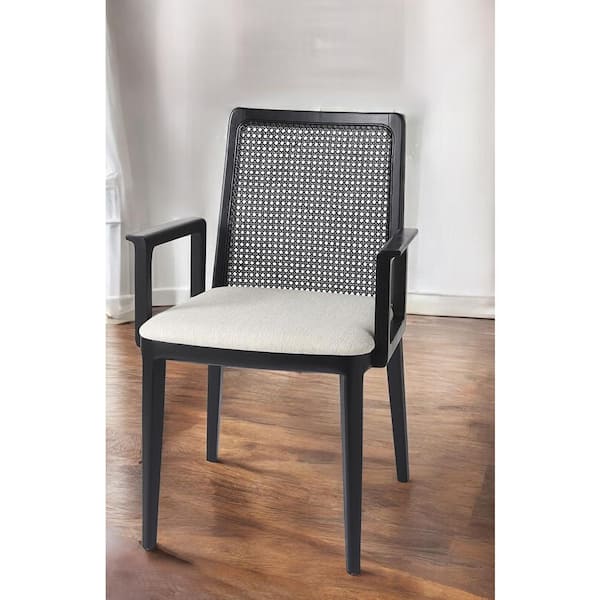 HomeRoots Black And Cream Uholstery And Cane Arm Chair