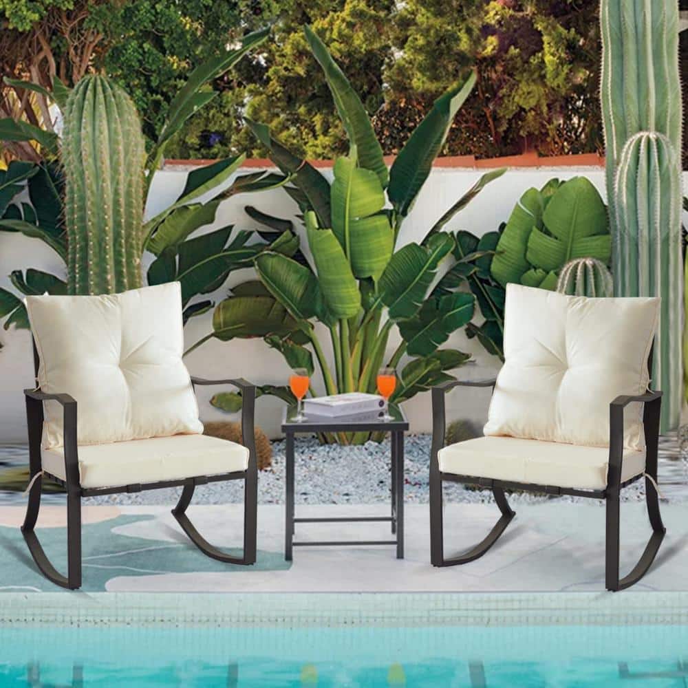 3 Piece Beige Metal Outdoor Bistro Chair Set Patio Steel Conversation with 