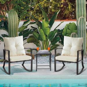 3 Piece Beige Metal Outdoor Bistro Chair Set Patio Steel Conversation with Glass Coffee Table and Cushions for Garden