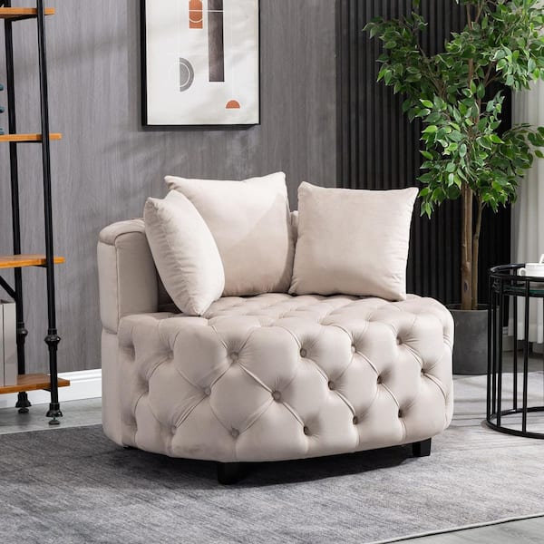HOMEFUN 41 in.  Classical Beige Velvet Barrel Chair with Wooden Legs