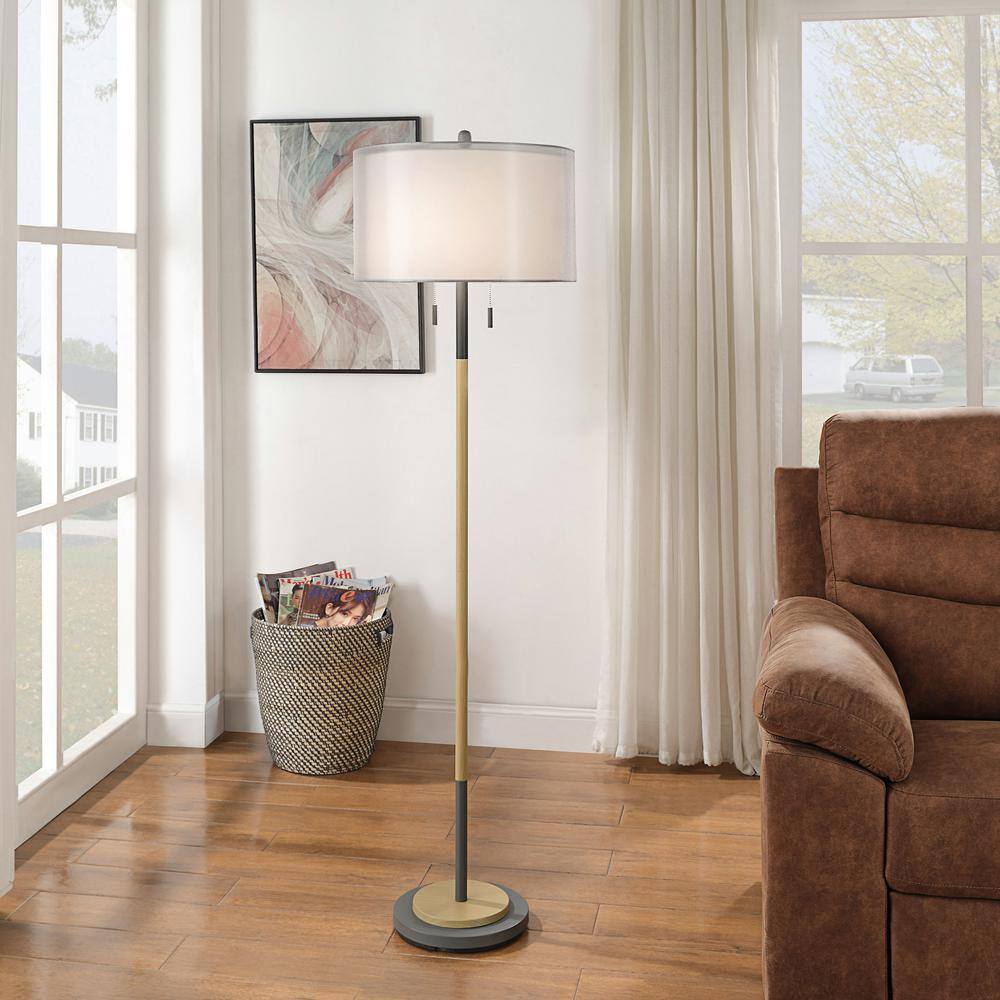 Lari 63" Black and Wood Industrial Floor Lamp with Drum Shade