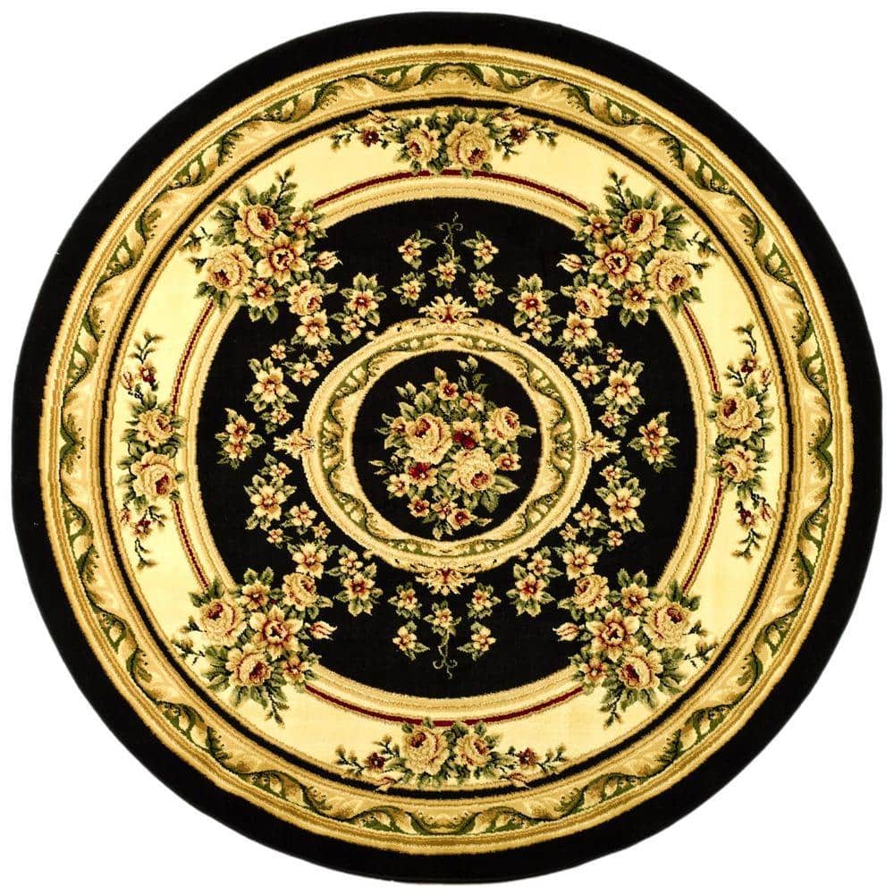 8' Round Black and Ivory Floral Synthetic Area Rug
