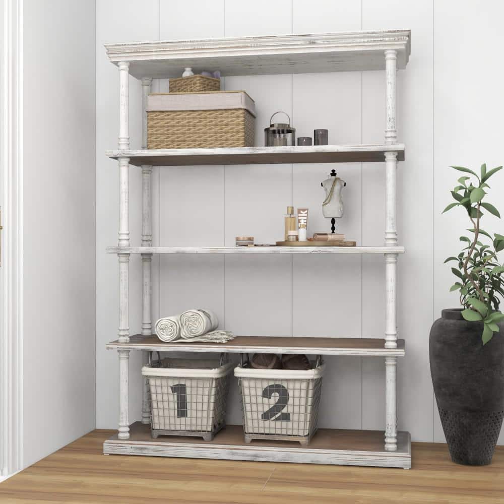 Rustic White and Brown Wood 5-Tier Shelving Unit