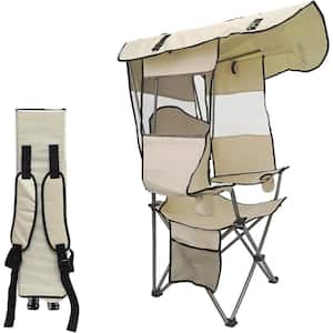 White Steel Camping Folding Chair with Shade Canopy with Cup Holder, Side Pocket for Outdoor