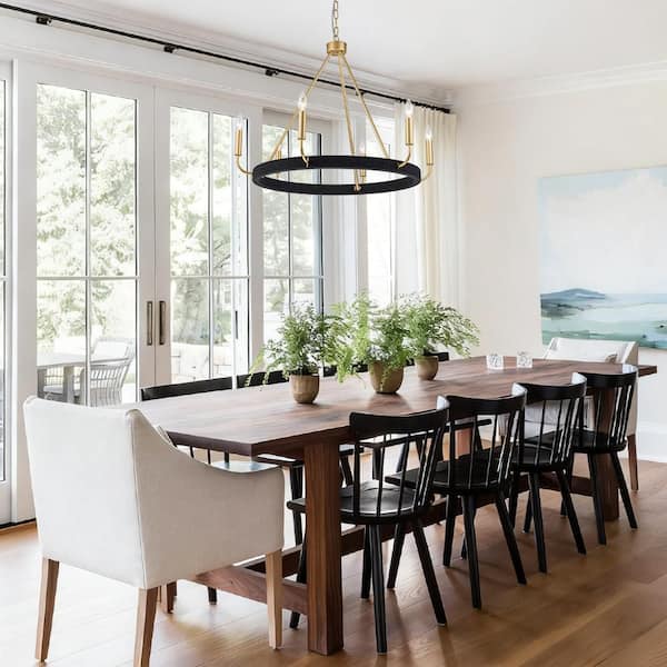 Modern 30 in. 6-Light Painted Gold Finish Candle Style Black Linen Wrapped Wagon Wheel Chandelier