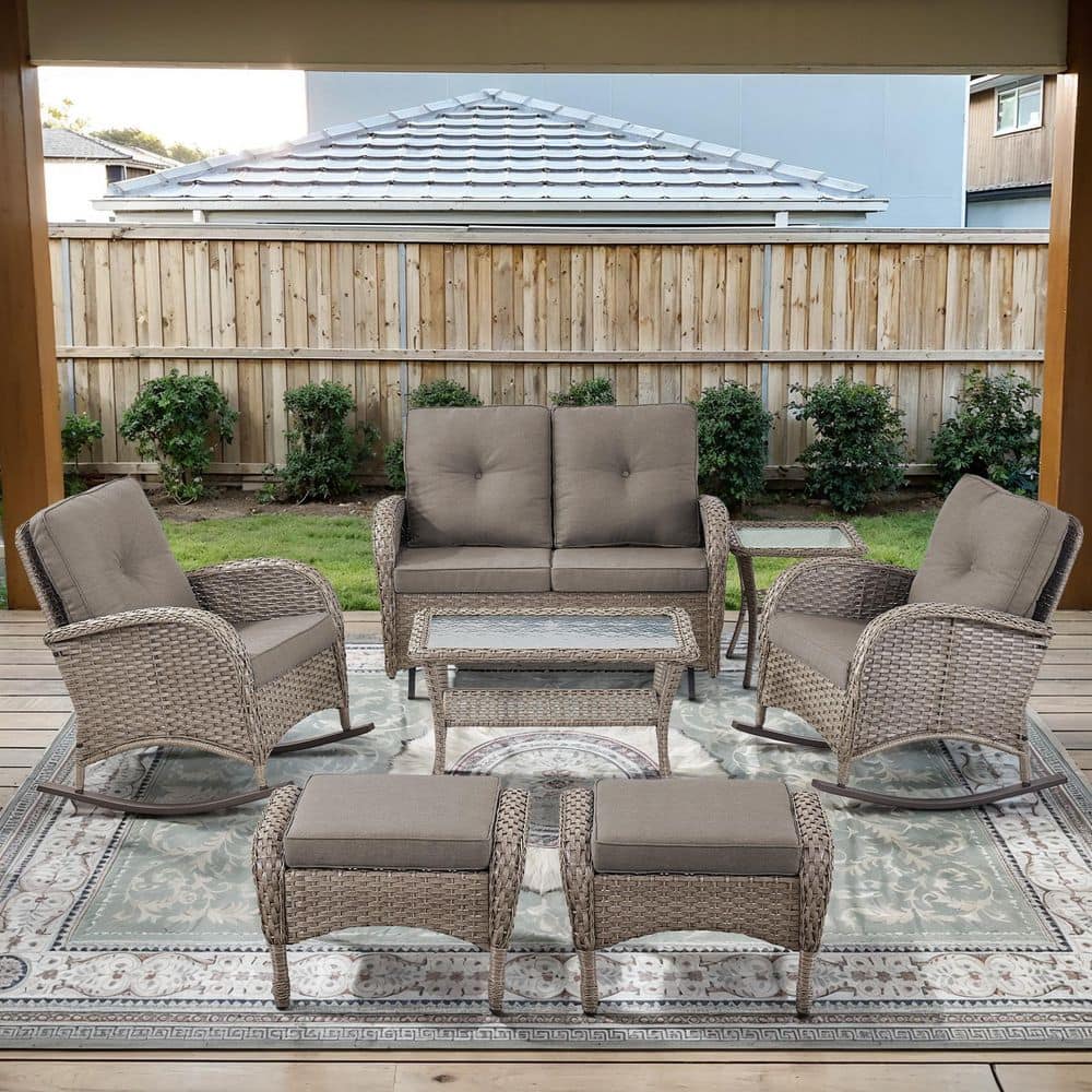 PlainCurve 7-Piece Gray Wicker Patio Conversation Set with Glider Loveseat and Olefin Gray Cushions price history on PriceWatchPro