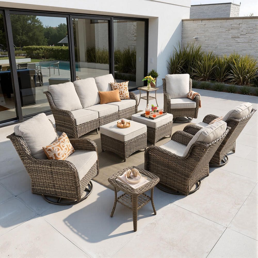 Nerium 9-Piece Wicker Outdoor Patio Conversation Set with Swivel Rocking Chairs and Gray Cushions price history on PriceWatchPro