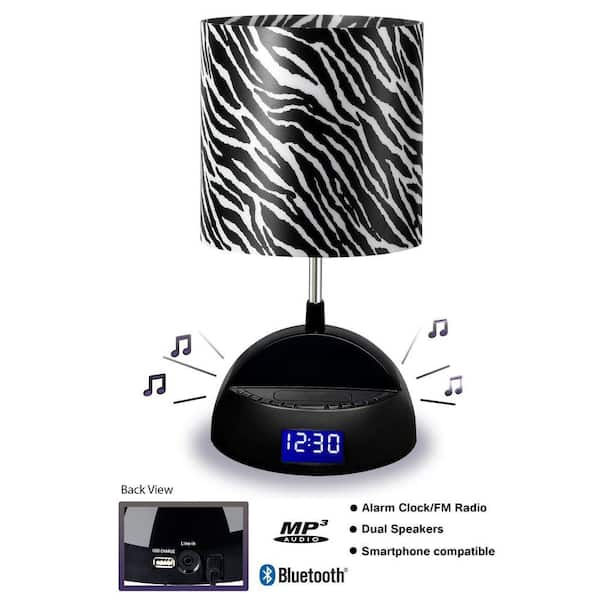 LighTunes Rhythm 15.25 in. Black Bluetooth Speaker Lamp with Alarm Clock, FM Radio, USB Charging Port and Zebra Printed Shade