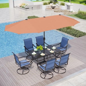 Black 8-Piece Metal Patio Outdoor Dining Set with Rectangle Table, Red Umbrella and Padded Blue Textilene Swivel Chairs