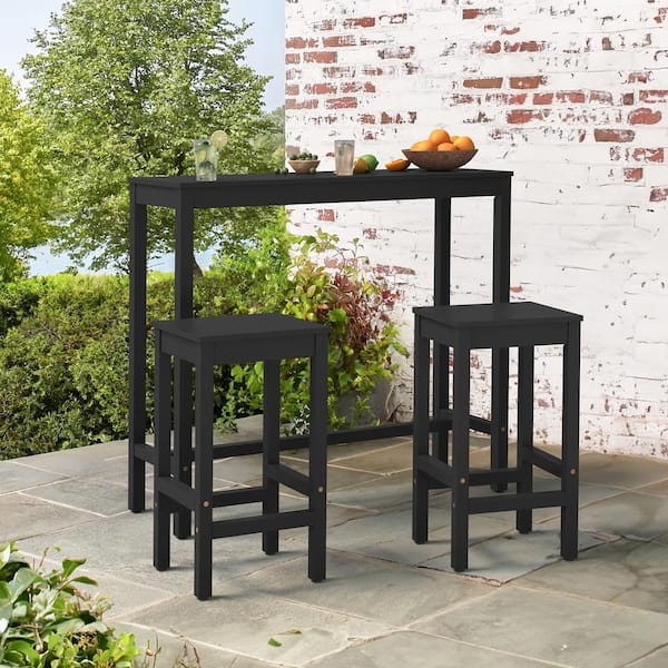 cozyman 45 in. Black Solid Wood Counter Height Pub Table Set with Bar Stools Dining Set Counter Indoor Outdoor Furniture 3-Piece