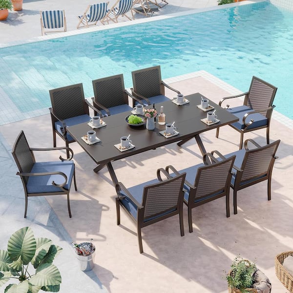 Halmuz 9-Piece Metal Outdoor Dining Set with Rattan Woven Backrest, an Umbrella Hole and Navy Blue Cushion