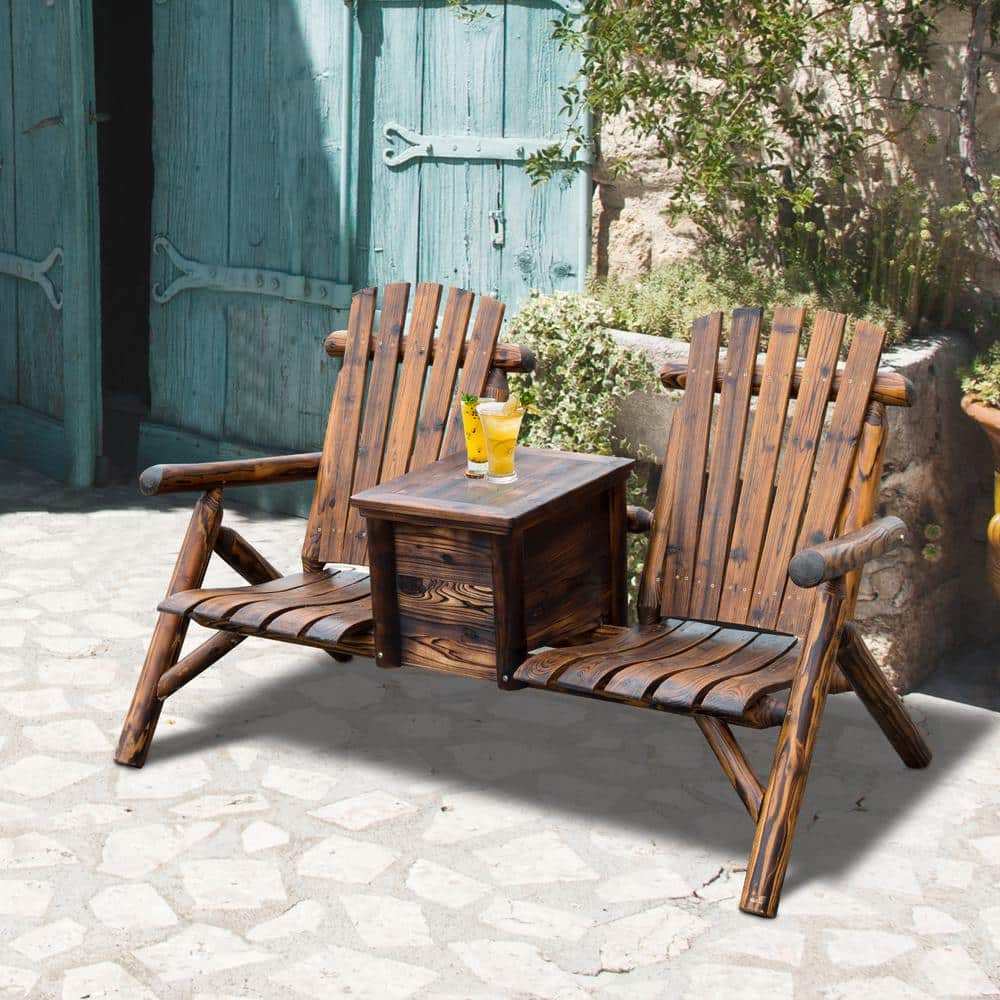 Rustic Brown Fir Wood Double Adirondack Loveseat with Ice Bucket