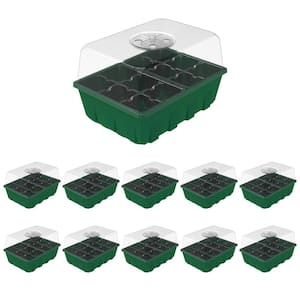 Clear Plastic Seed Starter Trays with Dome and Green Base (12-Cell Per Tray) (10-Pack)