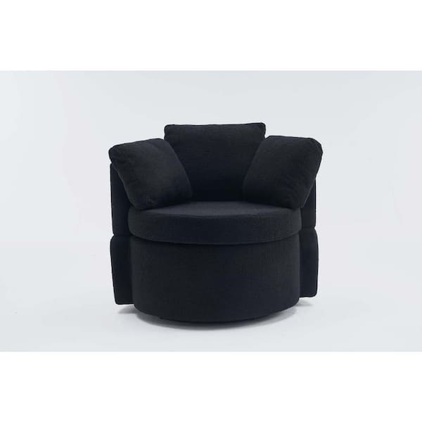 wetiny Black Teddy Fabric Swivel and Storage Barrel Chair with Back Cushion