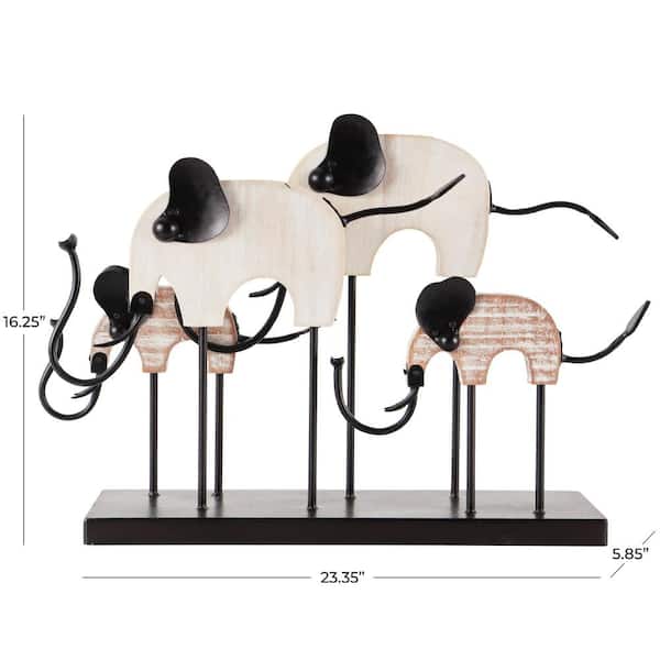 Litton Lane 16 in. Black Metal Overlapping Elephant Sculpture with Wood Accents