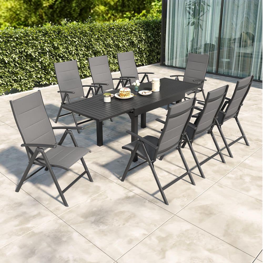 9 Pieces Gray Aluminum Outdoor Patio Dining Set with Extendable Table and Adjustable Folding Chairs