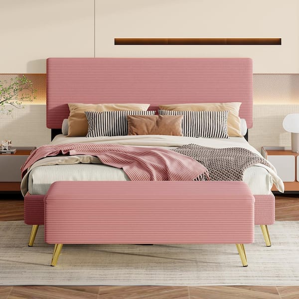 CSC DECOR INC 2-Piece Pink Queen Wood Bedroom Set Corduroy Upholstered Platform Bed Frame with Stripe Headboard & Storage Bench Set