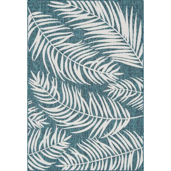 Unique Loom Outdoor Botanical Palm Teal 6 ft. 1 in. x 9 ft. Area Rug