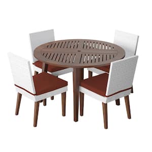 5-Piece Wicker and Acacia Outdoor Dining Set with 4 Dining Chairs with Terracotta Cushions