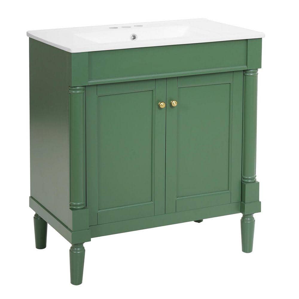 30 in. Green Bath Vanity with Ceramic Vessel Bathroom Sink, Storage Cabinet with Soft Close Doors and Solid Wood Legs