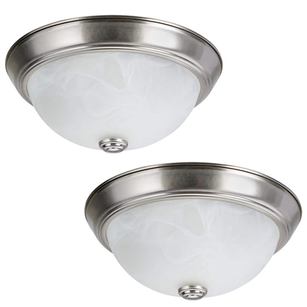 11 in. 2-Light Brushed Nickel Flush Mount with White Alabaster Glass Diffus