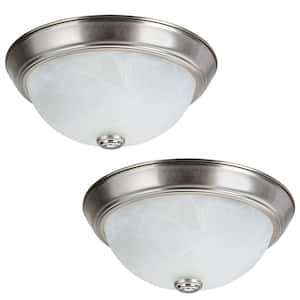 11 in. 2-Light Brushed Nickel Flush Mount with White Alabaster Glass Diffuser Set of 2