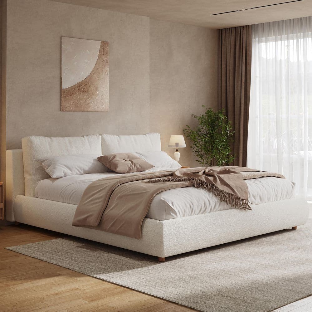 White Wood Frame King Size Boucle Fabric Upholstered Platform Bed with 2-Removable Pillow Headboard