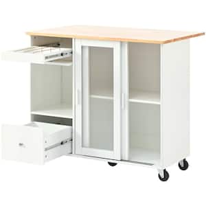 LED Light White Kitchen Cart with Drop-Leaf Tabletop, 2-Fluted Glass Doors, Flip Cabinet Door. Iron Drawer Divider