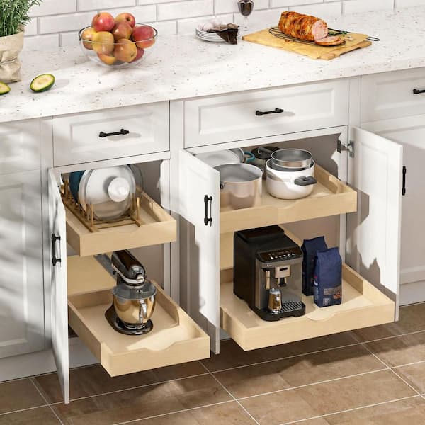 Natural Birch Wood Pull Out Drawer Organizer with Heavy Duty Soft Close Slides for Kitchen Cabinet Storage