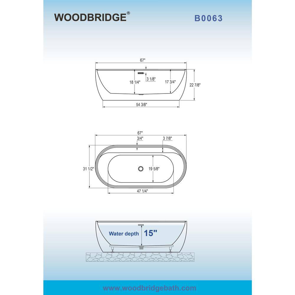 67'' White Acrylic Freestanding Soaking Bathtub with Chrome Drain