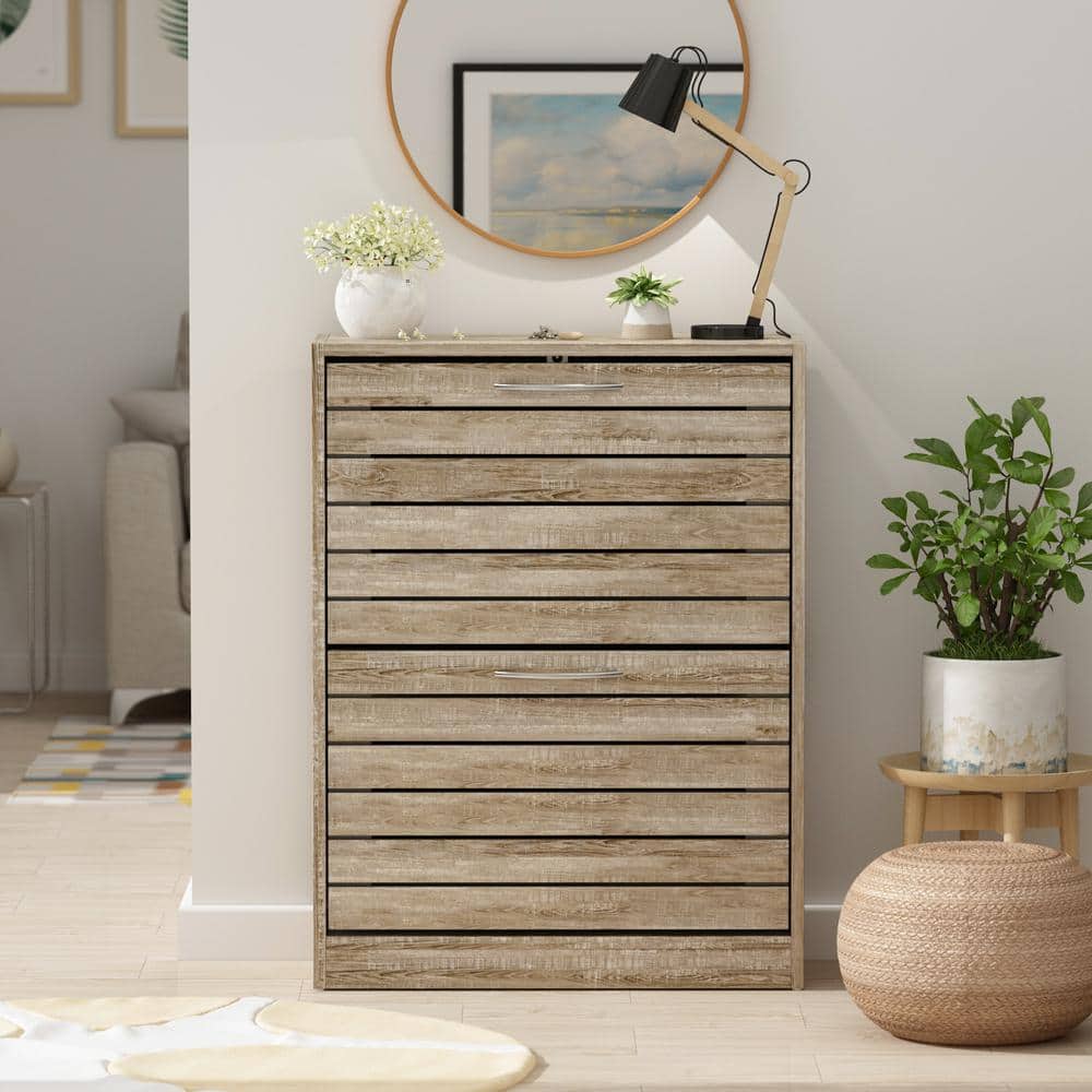 Natural Wood Shoe Storage Cabinet with Louver Doors and Flip Drawers