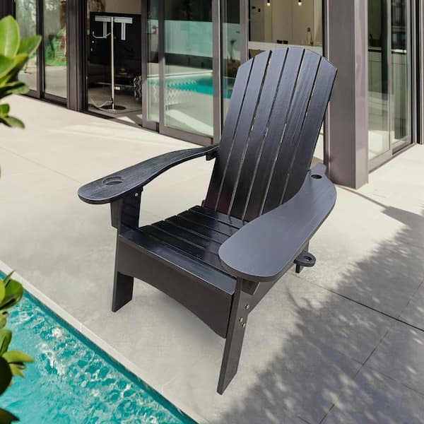 Unbranded Black 1-Piece Outdoor Classic Traditional Patio Single Adirondack Wood Chair with Hole to Hold Umbrella on The Arm