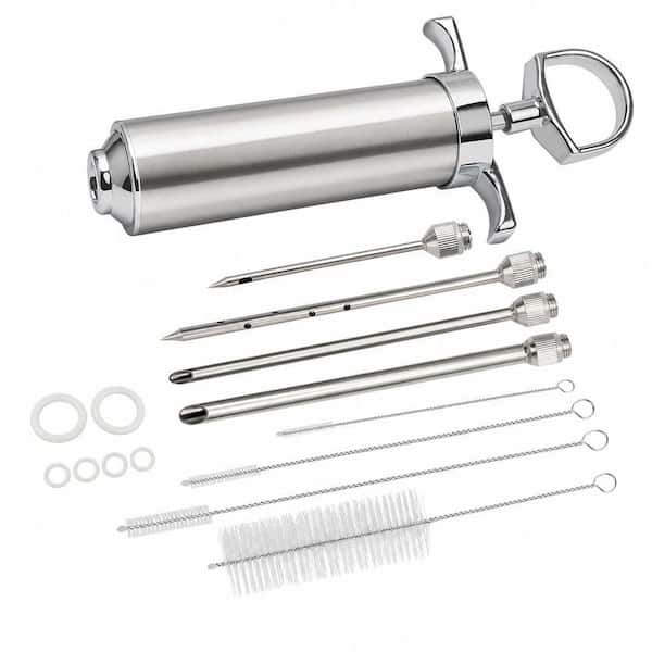 Stainless Steel Silver Meat Injector Syringe 2-Oz Capacity with 4 Multi-Size Flavor Injection Needles for Cooking