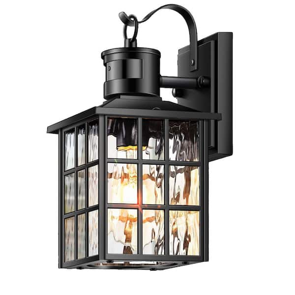 12 in. 1-Light Matte Black Motion Sensing Dusk to Dawn Hardwired Outdoor Wall Lantern Sconce with Water Wave Glass