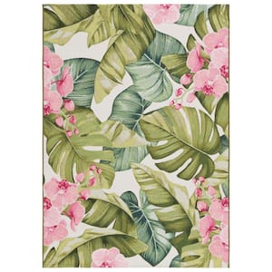 Barbados Green/Pink 8 ft. x 10 ft. Tropical Floral Indoor/Outdoor Patio Area Rug