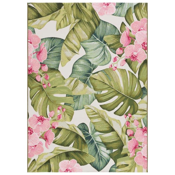 SAFAVIEH Barbados Green/Pink 8 ft. x 10 ft. Tropical Floral Indoor/Outdoor Patio Area Rug