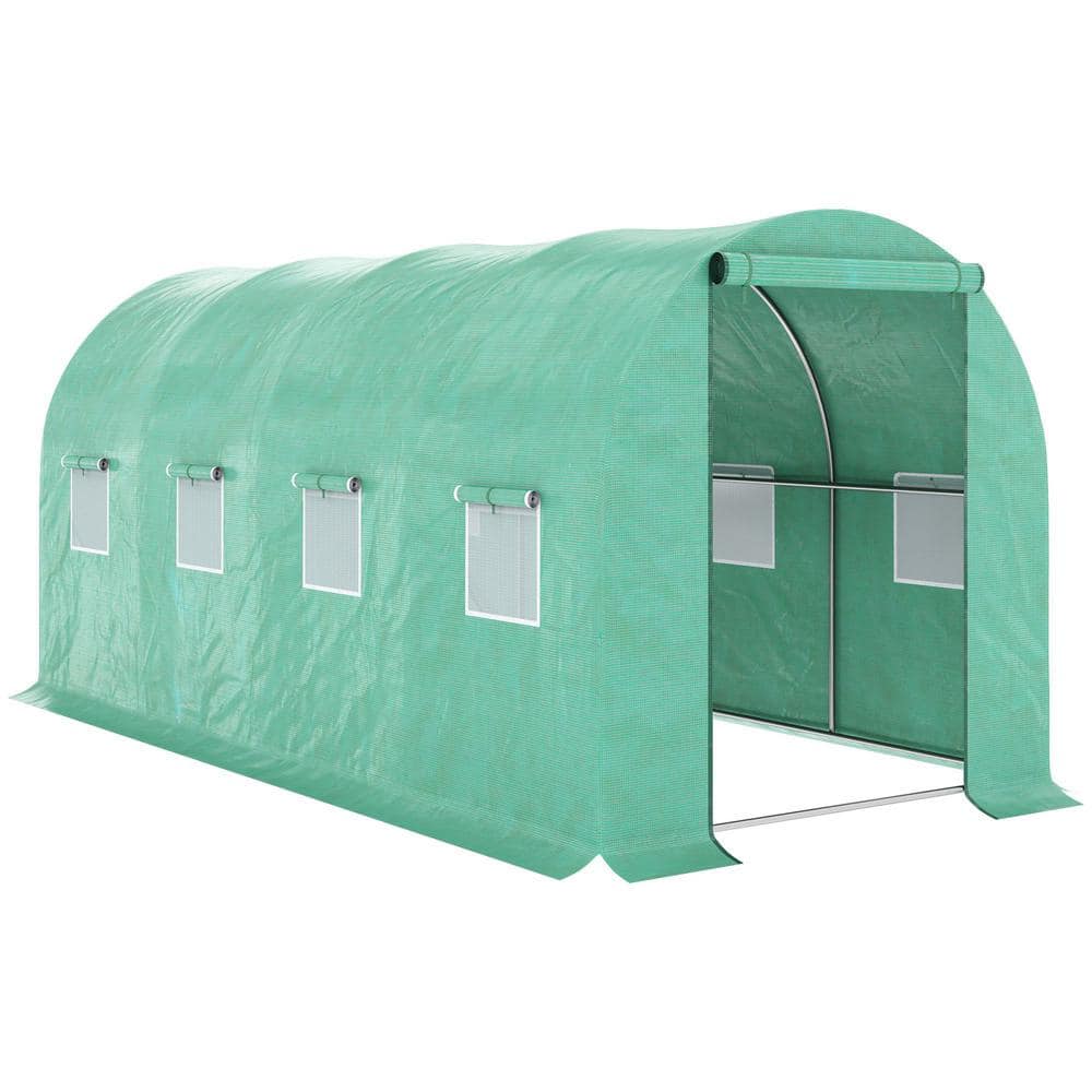 15 ft. x 7 ft. x 6.5 ft. Walk-in Tunnel Hoop Greenhouse with Mesh Door, 8 W