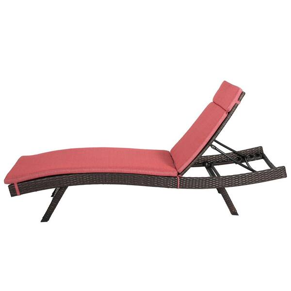 Salem Brown Faux Rattan Outdoor Patio Chaise Lounge with Red Cushions