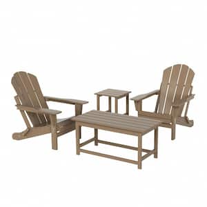 Laguna 4-Piece Fade Resistant Outdoor Patio HDPE Poly Plastic Folding Adirondack Chairs and Tables Set in Weathered Wood