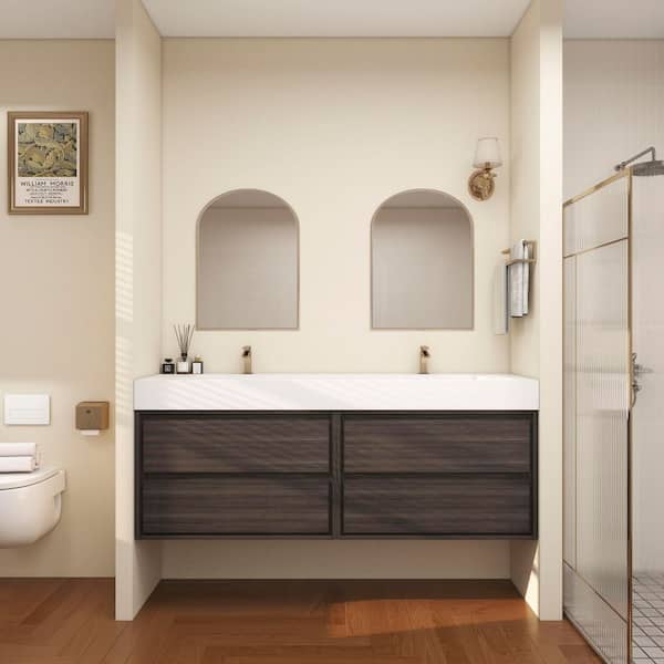 BV Better Vanity Saggie 59 in. W. x 20 in. D x 28 in. H Double Sink Floating Bath Double Vanity in Dark Gray Oak with White Acrylic Top