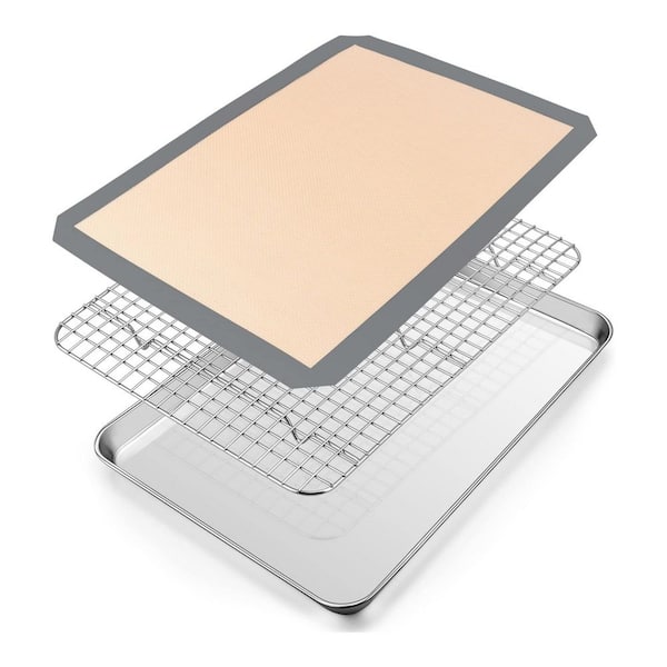 3-Piece Silver Stainless Steel Nonstick Easy-Clean Baking Pan Set with Cooling Rack and Silicone Mat